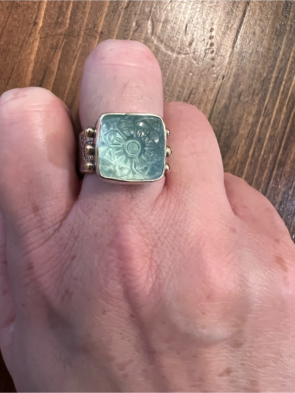 Elegant Aqua Carved Stone Square Ring - Women's Jewelry
